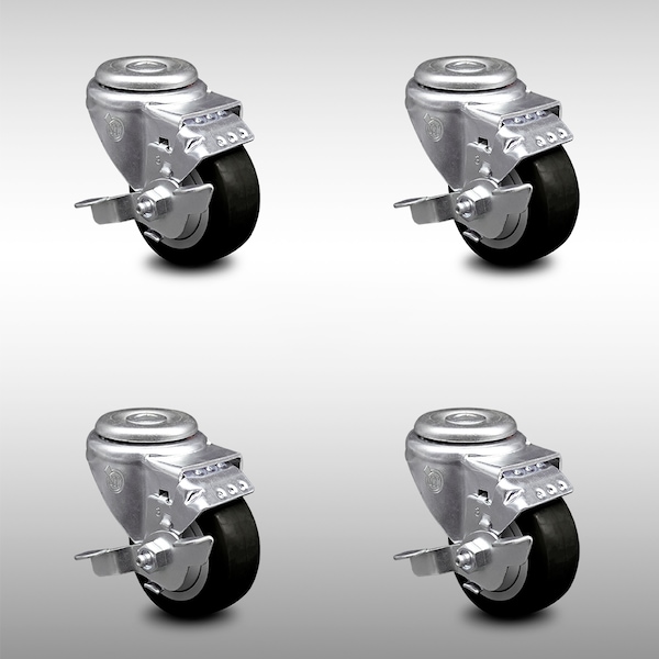 3 Inch SS Black Polyurethane Wheel Swivel Bolt Hole Caster Set with Brake SCC